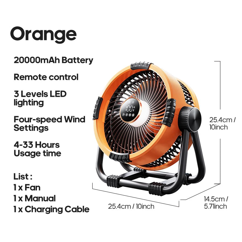 KINSCOTER 6 in 1 Camping Fan 20000mAh Rechargeable Battery Portable Outdoor Fan 4 Speed Air Circulators with Hook and LED Light