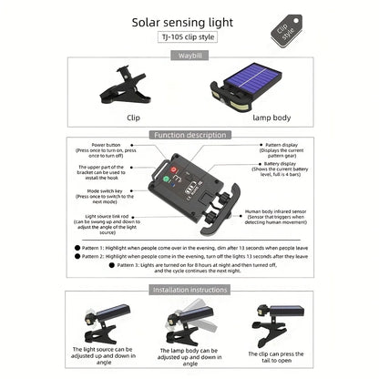 Smart Outdoor Solar Clip Light with Motion Sensor Induction, Adjustable Angle and Power Mode Display