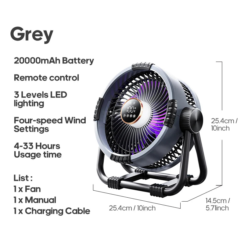 KINSCOTER 6 in 1 Camping Fan 20000mAh Rechargeable Battery Portable Outdoor Fan 4 Speed Air Circulators with Hook and LED Light