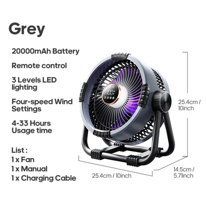 KINSCOTER 6 in 1 Camping Fan 20000mAh Rechargeable Battery Portable Outdoor Fan 4 Speed Air Circulators with Hook and LED Light